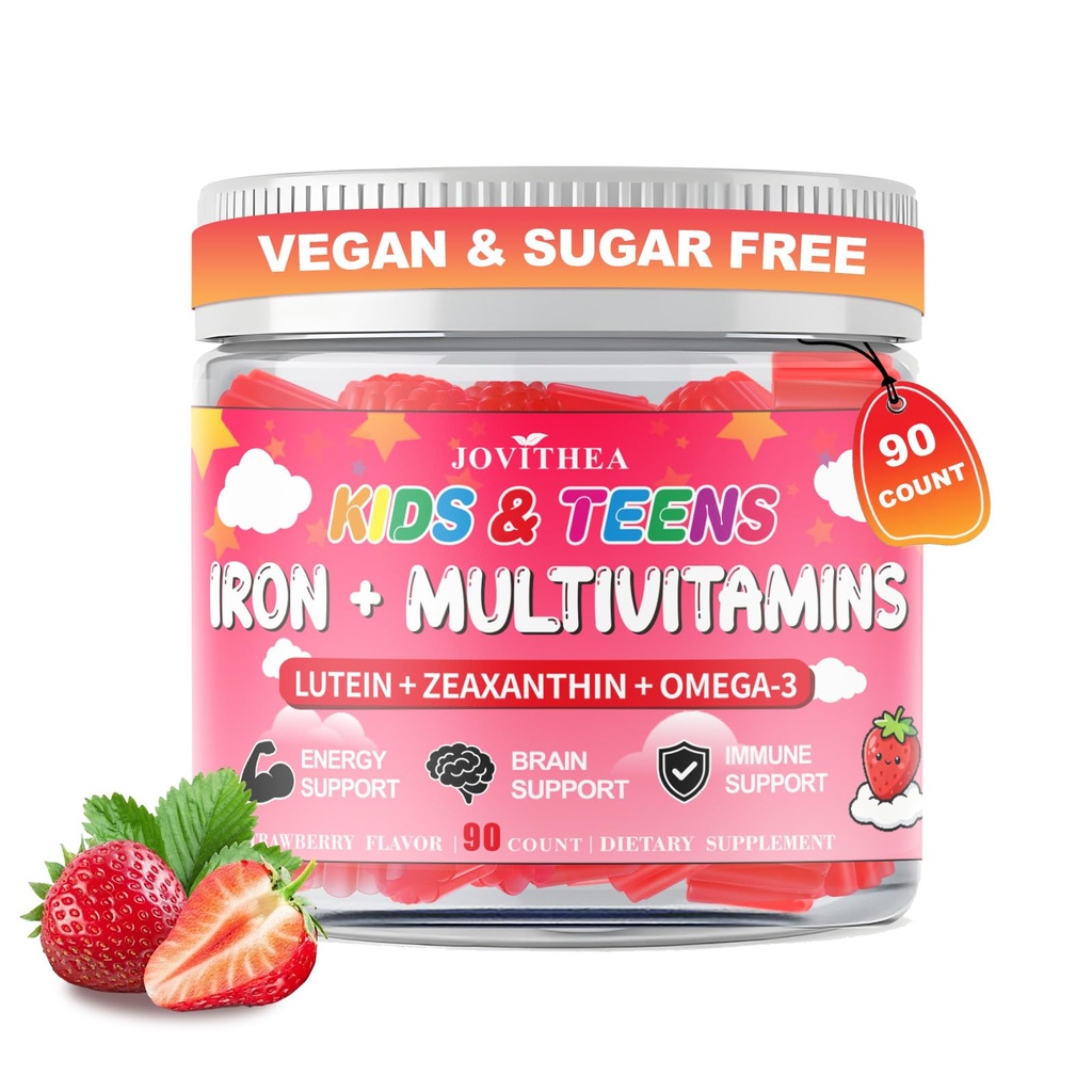 90 Count | Iron Gummies for Kids, Kids Multivitamin with Calcium, Zinc, Folate, אומגה 3 & Lutein, Support Energy, Immnity, Iron Deficiency, Anemia & Brain Health, Vegan, Sugar-Free, Strawberry פלמור
