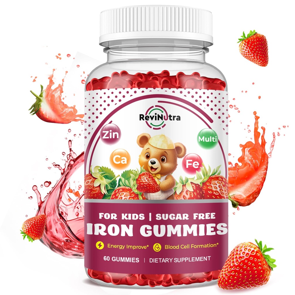 תוספת ברזל לחניכיים לילדים - עם Calcium, Zinc, Kids Multivitamin with Iron Gummies - Immune Support, Blood Builder & Energy Support for Iron Deficiency, Anemia, טבעוני - 60 הרוזן