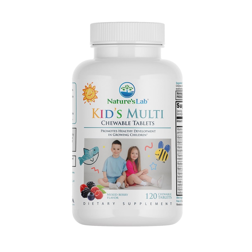 הוויטמינים הרבים של Nature's Lab Kid's Multivitamin עם Iron, Magnesium, Zinc & Calcium - מעורבים ברי פלפור - 120 טבליות במשך ימי הביניים 2+
