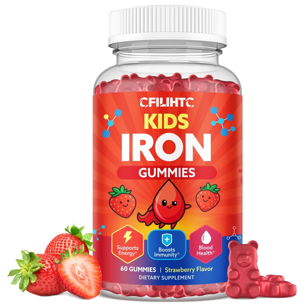 חניכיים ברזל לילדים ובני נוער, ילדים Multivitamin עם תוספת ברזל, Calcium, Folate, Zinc, Prebiotic - for Blood Builder & Energy Support, Iron Deficiency - טבעוני & Non-GMO - 60 Count Strawberryberry