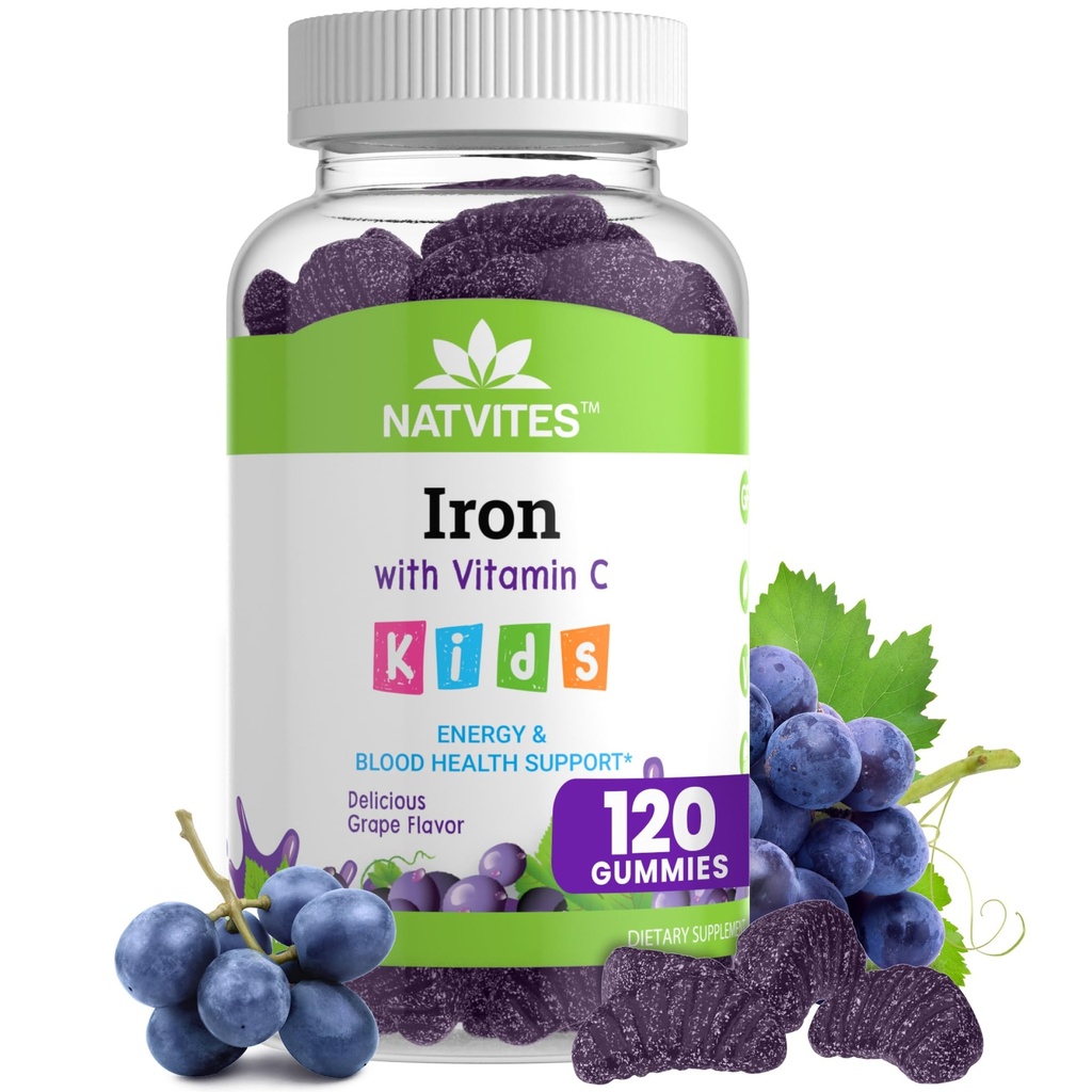 ילדים מסטיקנים עם ויטמין C - טעים Grape Flavor - אנרגיה & דם תמיכה בריאות - Gluten Free non-GMO תוסף ברזל לילדים ופעוטות בגיל 2+ (120 Count)