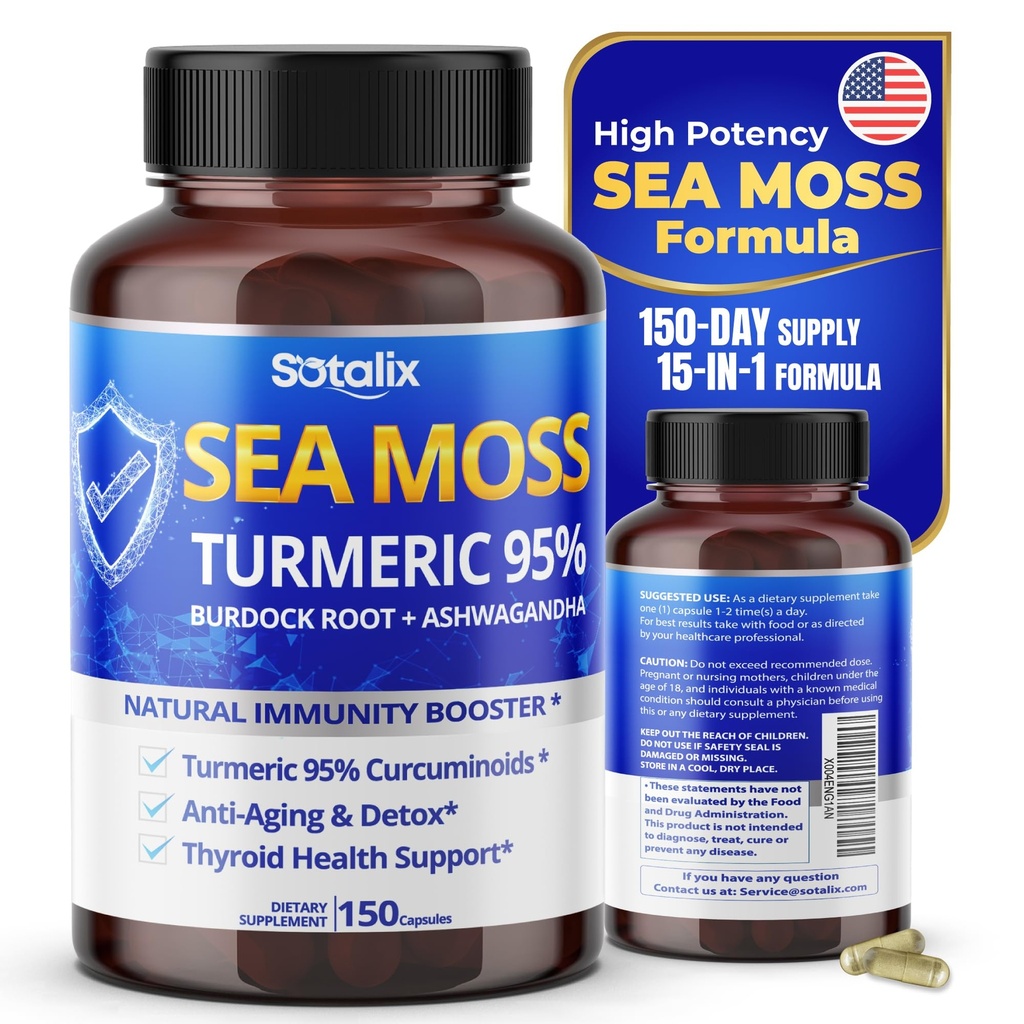 Sotalix Sea Moss כמוסות עם Ashwgandha, Burdock Root, Bladderwrack, Turmeric - Powerful Natural Immunity Booster - ארצות הברית Made (150 (Pack of 1))