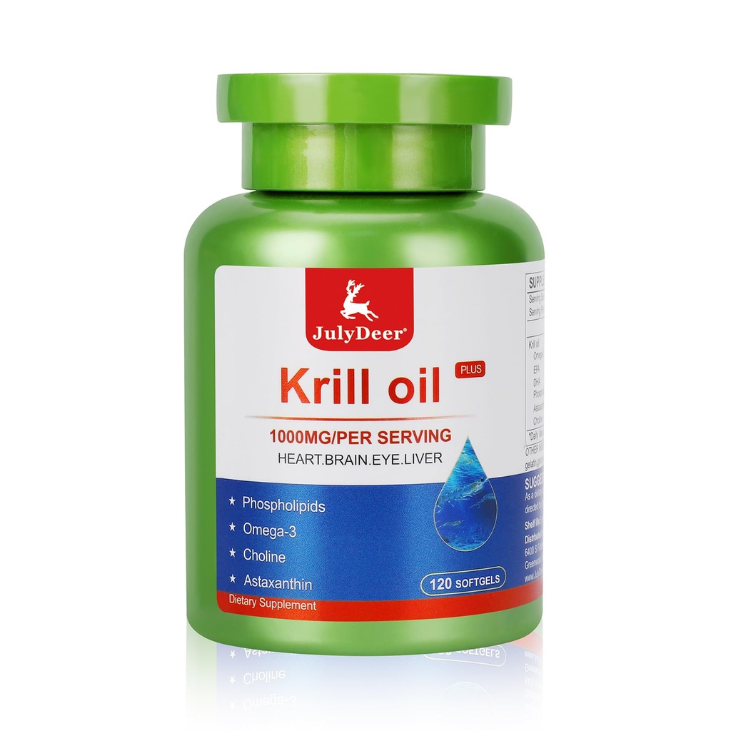 ביולי דיר קריל שמן 1000 מ"ג עם אומגה -3s EPA, DHA, Astaxanthin ו Phospholipids 120 Softgels תוסף, אנטארקטיקה קריל No Fishy Aftertaste for Joint, Heart, Brain, Immunity