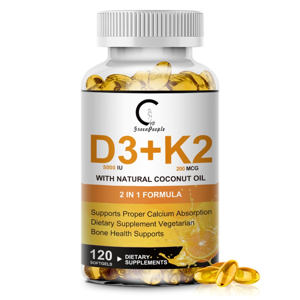 ויטמין D3 K2 תוספת עם ויטמין D3 5000 IU, 200 mcg ויטמין K2 MK-7 שמן קוקוס טבעי, צמחי מבוסס 2-1 פורמולה עבור העצם, שיניים, שריר ותמיכה בריאות החיסון, 120 קפסולות Softgel