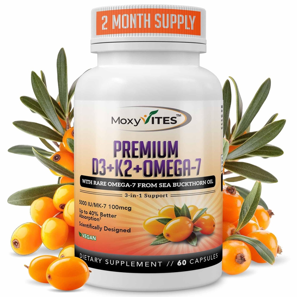 MoxyVites ויטמין D3 K2 5000 IU - High Absorption D3 + K2 MK-7 עם Sea Buckthorn Oil & אומגה-7 - Bone, Heart & Immune Support for Women & Men - 60 קפסולות טבעוניות