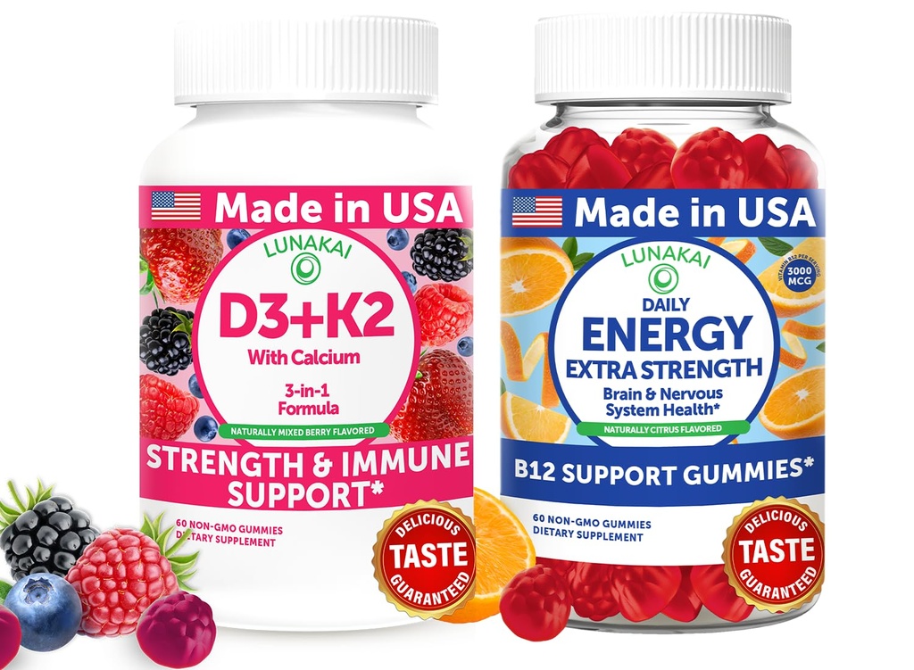 לונהקאי ארה"ב עשתה D3+K2 עם Calcium & Energy B12 מסטיקנים בונדלה - טבעוני, non-GMO - 60 חניכיים