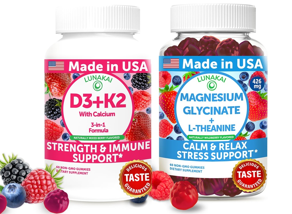 לונהקאי ארה"ב עשתה D3+K2 עם Calcium & Magnesium Glycinate + L-theanine Gummies Bundle - 60 חניכיים non-GMO כל אחד
