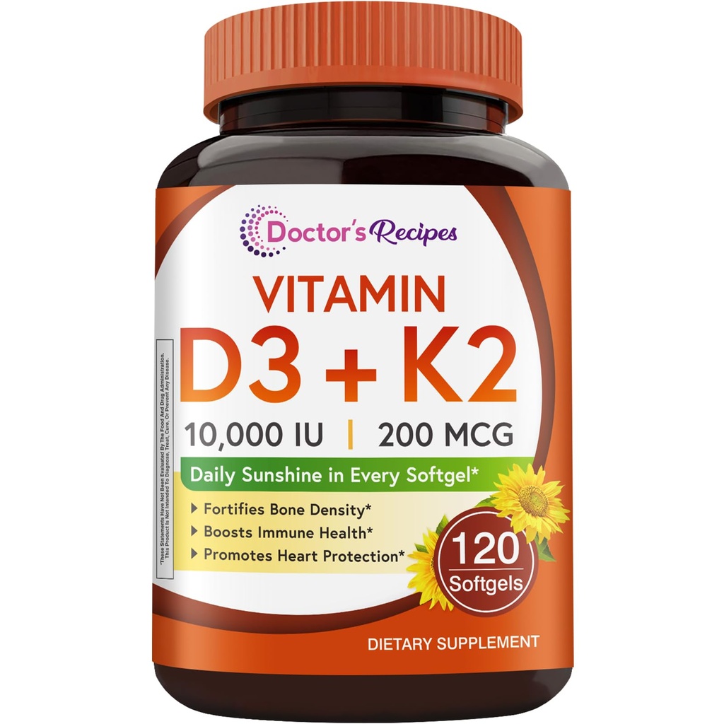 המתכון של הדוקטור ויטמין D3 K2, 10,000 IU, 200 mcg, MK-7, עצמות חזקות, שיניים, Immune, Heart Support, Energy, Calcium Absorption, No Soy & Gluten, non-GMO, 120 Softgels