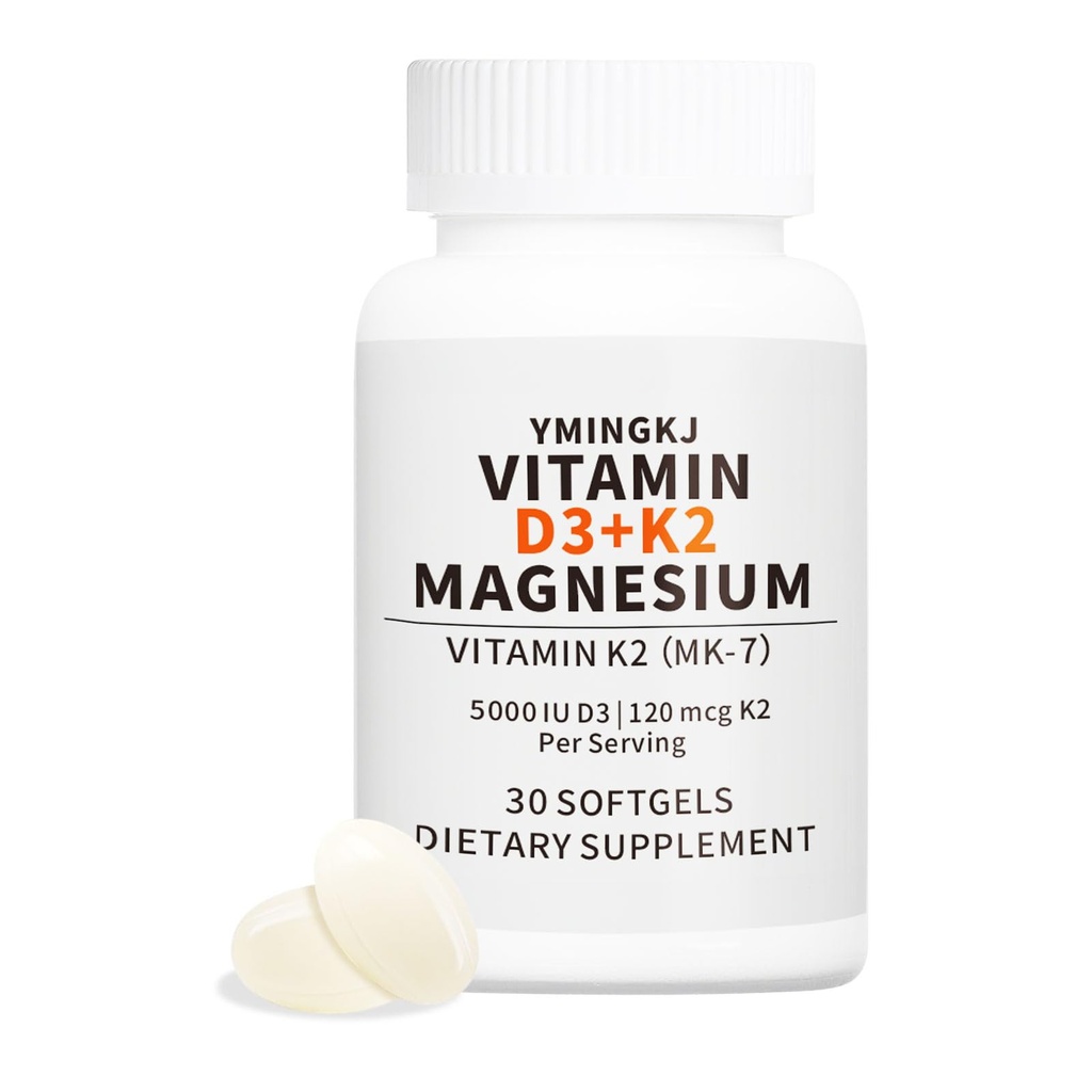 ויטמין D3 K2 5000 IU Softgels עם תוסף מגנזיום - & 120mcg MK-7 K2 עבור תמיכה בריאות העצם Immune - non-GMO & Gluten-Free Softgels עם MCT שמן 30 Softgel