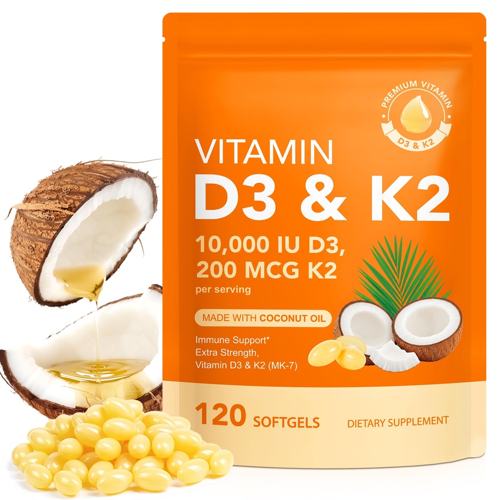ויטמין D3 K2 עם שמן קוקוס - ויטמין D3 & Mk7 ויטמין K2for העצם & Immune Support - non-GMO, Soy Free - 120 Softgels