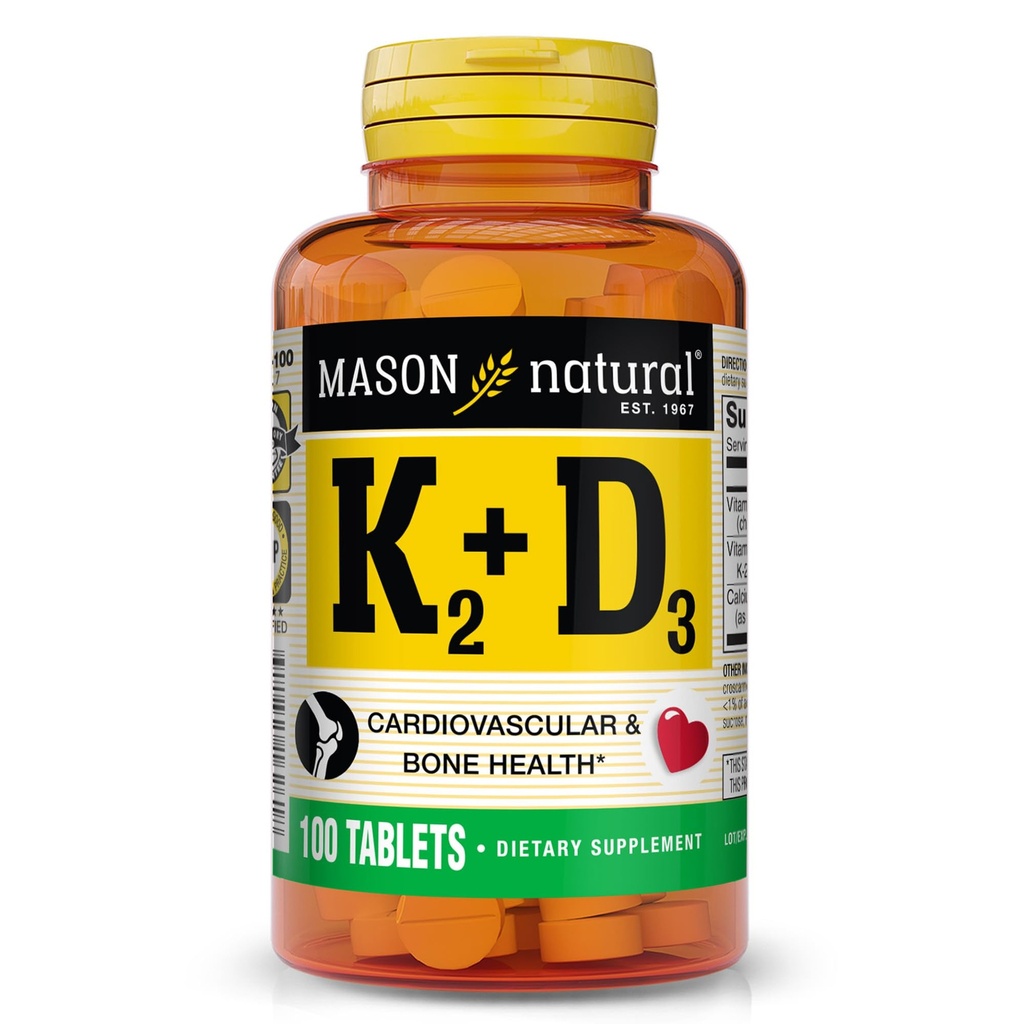 MASON NATURAL ויטמין K2 + D3, 100,Day אספקת, עם Calcium לתמיכה בעצמות רגילה שרירים, טבליות