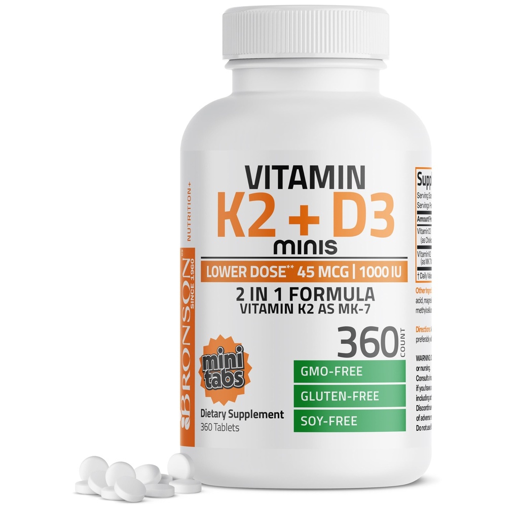 ברוונסון ויטמין K2 (MK7) עם D3 נמוך Dose 45mcg ויטמין K2 ו 1000 IU ויטמין D3 קל כדי Swallow Daily תחזוקה 2 ב 1 פורמולה non-GMO, 360 מיני טבליות