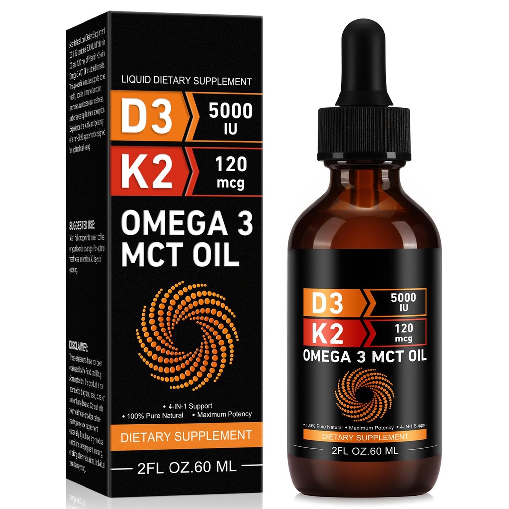 Daiasns ויטמין D3 5000 IU & K2 (MK-7) 120 mcg 60 מ"ל טיפות עם MCT שמן אומגה 3, ויטמין D3 & K2 תוספי - 2 חודשים אספקת עצמות, שיניים, Mood & Immune System, Calcium Absorptionsorption