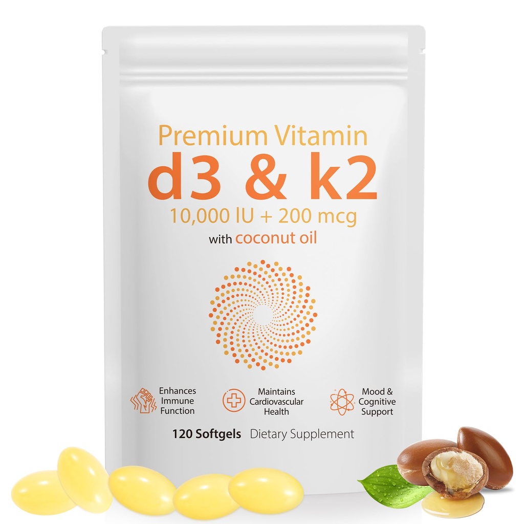 Daiasns ויטמין D3 K2 10000o תומך שריר ובריאות המוח - High-Potency D3 K2 תוספי עזרה ב Immune ו Cardiovascular תמיכה - 120 Softgels