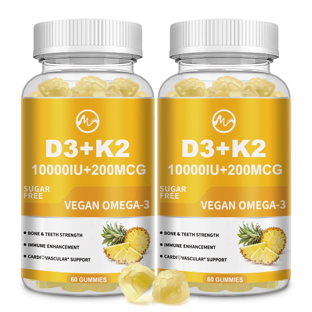 ויטמין D3 K2 Gummies, ויטמין D3 10000IU, K2 (MK-7) 200mcg, 6-in-1a ויטמין D3 con K2 עם אומגה 3 עבור נשים וגברים - עצמות, שיניים ותמיכה Immune, סוכר חינם, 2 Pack