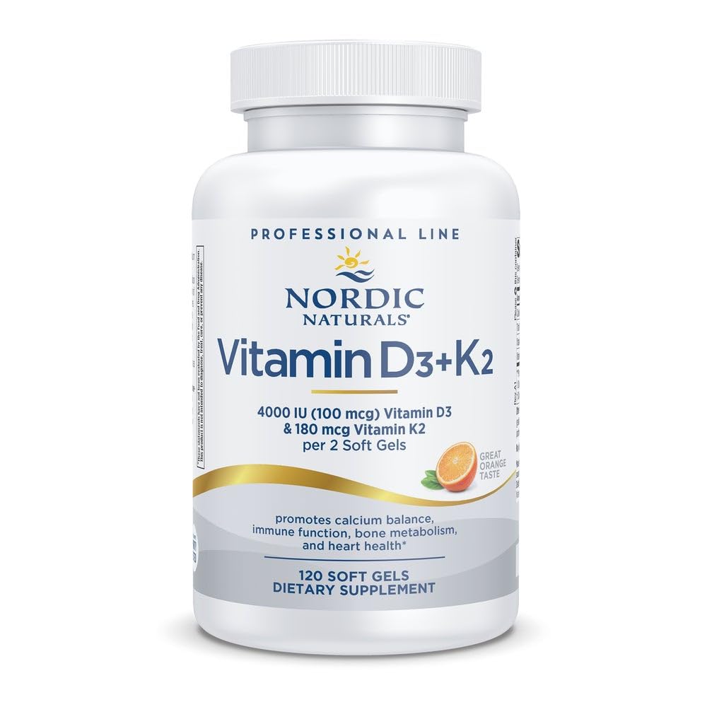 Nordic Naturals Professional Class ויטמין D3+K2 תוסף, Orange Flavor - 60 Soft Gels - 4000 IU ויטמין D3 ו- 180 mcg K2- מקדם את Calcium Balance & Imune function - Non-GMO - 30 משרתות