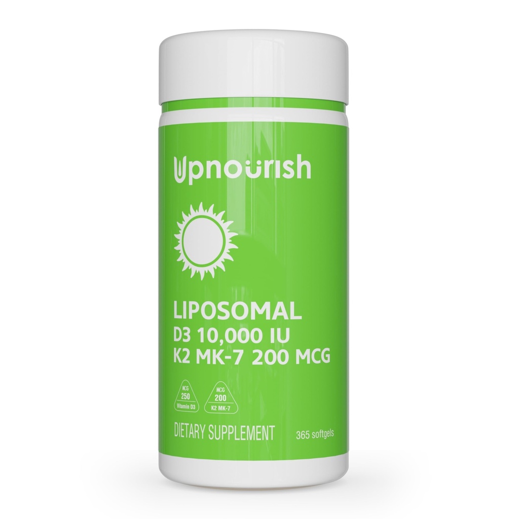 UpNourish Liposomal D3 K2 ויטמין 10000 IU D3 ו K2 MK 7 200 mcg - 365 ויטמין D3 k2 (Vita D3 con K2) Mini Softgels - Easy to Swallow K2 D3 ויטמין תוסף ויטמין