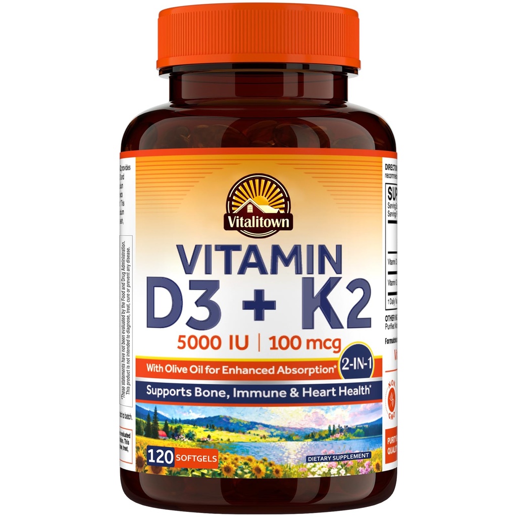 Vitalitown ויטמין D3 K2 תוסף, D3 5000 IU, ויטמין K2 7 100 mcg, non-GMO, No Gluten & Soy, עבור העצם, שיניים, Immune & Heart Health, 120 Softgels