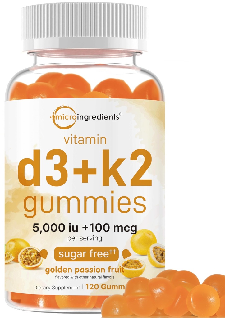 מיקרו Ingredients ויטמין D3 K2 מסטיקנים, 120 ספירה | 5,000 IU ויטמין D + 100 mcg K2 MK 7 | Bone, Immune & Heart Supplements* | סוכר חינם תשוקת זהב פירות פלאמור | Non-GMO, Gluten Freeten Freeten Freeten Freeten Freeten