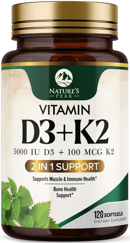 D3 K2 ויטמין - ויטמין D3 5000 IU Per Softgel - ויטמין D3 - 2-in-1 מורכב ויטמין D & ויטמין K2 (MK7) - Easy to Swallow, Bone & Immune Support -בק את ארה"ב - 120 Softgels