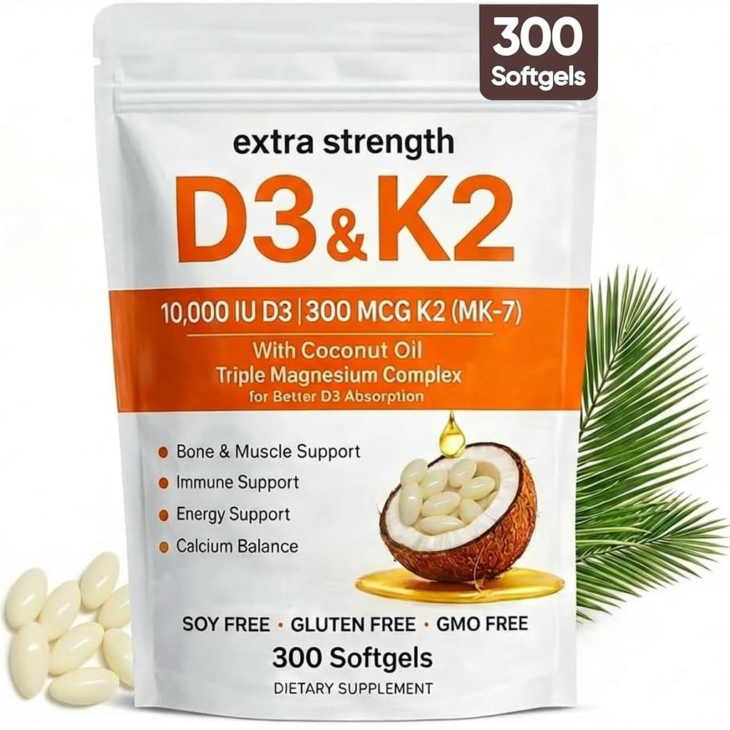 ALVERA ויטמין D3 K2 Magnesium Complex, תוספת כוח D3 & K2 עם משולש מגנזיום Softgels, D3 K2 ויטמין 10000 IU Softgels(1)