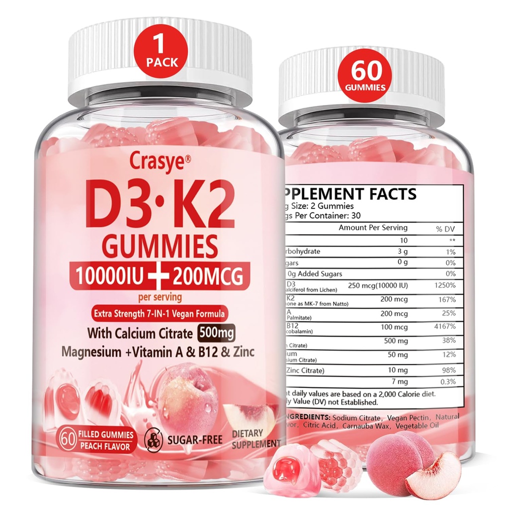 ויטמין D3 K2 Gummies 10000 IU עם 500 מ"ג Calcium Magnesium Magnesium Zinc Gummy Sugar Free ADK +Vitamin B12 תוספי עבור נשים וגברים עצמות, שרירים, שיניים Peach Flavor - 60 מסטיק - 30 לשרתים - 30 לשרתים