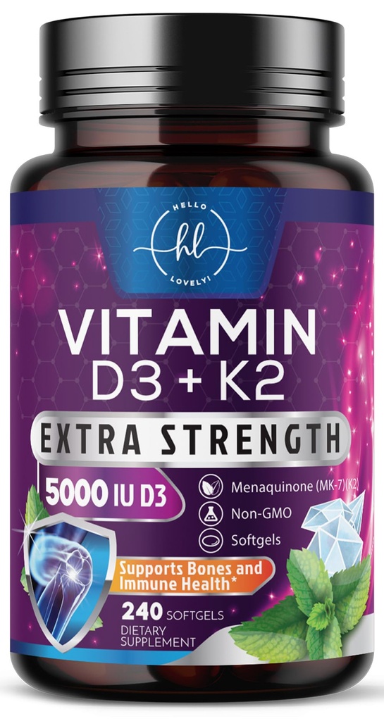ויטמין D עם K2 (MK-7) - ויטמין D3 5000IU (125mcg) Per Serve - D3K2 תוסף מורכב עבור העצם, שיניים, שרירים, Calcium Absorption, Immune Support & Heart Health - בבקבוק בארה"ב - 240 Softgels