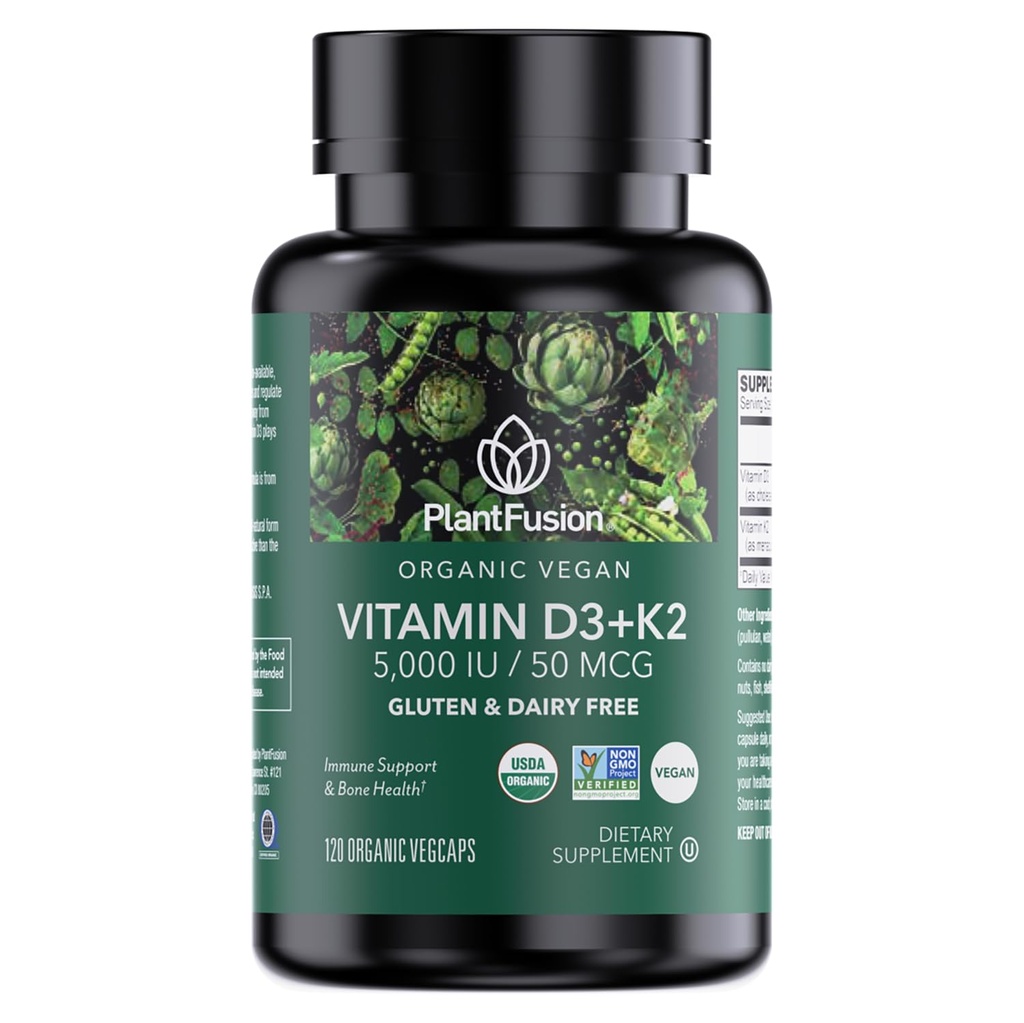 PlantFusion Organic ויטמין D3 + K2 5,000 IU, 50MCG - ויטמין D שמקורו צמחי ליצ'ן ווויטמין K2, עבור Immune Support and Bone Health - 120 קפסולות