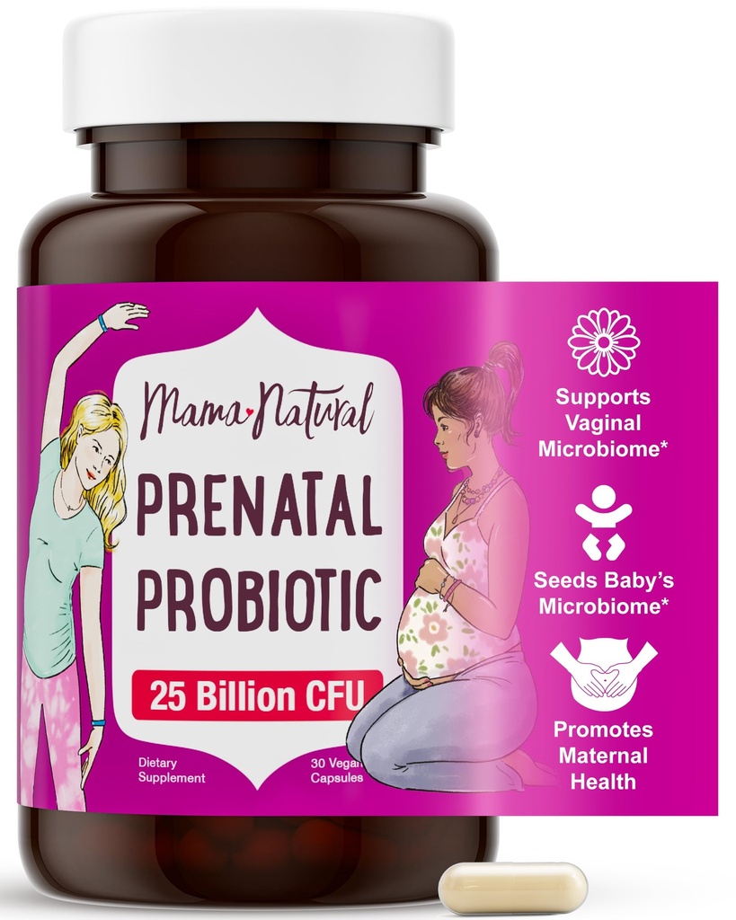 Mama Natural Prenatal Probiotics for Women - Gut & Immune Support for Pregnancy, Breastfeeding & Postpartum* | 25 מיליארד CFU, 12 Strain Probiotic & Prebiotic Band to Support Mom and Baby
