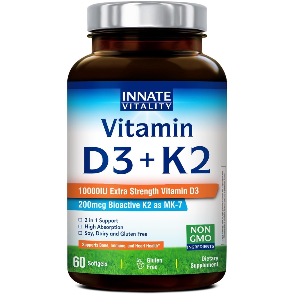 Innate Vitality ויטמין D3 K2 תוסף, ויטמין D3 10000 IU & ויטמין K2 (MK-7) 200 mcg, תומך עצמות, שיניים, לב ובריאות החיסון, non-GMO, Gluten Free, 60 Softgels חינם, 60 Softgels