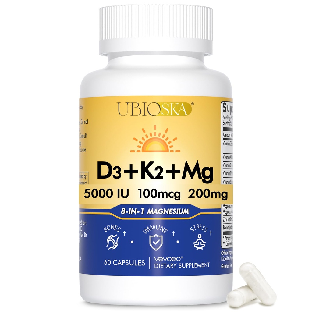 UBIOSKA ויטמין D3 K2 מגנזיום תוסף - 5000 IU D3 + MK-7 K2 עם 8-Form Magnesium (Glycinate, Turate, Malate) עבור Calm Sleep, Stress Relief, Mood Balance & Strongעצמות - 60 קפסולות
