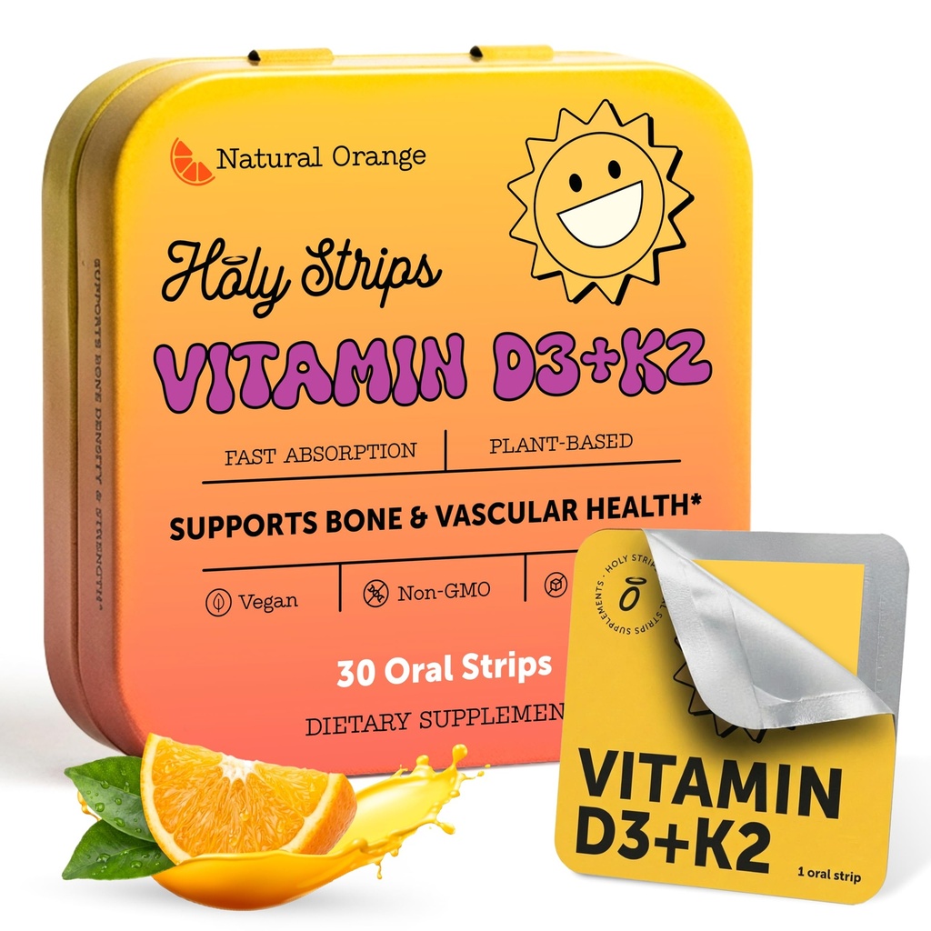 ויטמין D3 K2 תוסף 5000 IU - Fast-Absorbing Oral Strips for Bone & Heart Health - ויטמין D K2 צמחי מבוסס פורמולה - D3K2 - ויטמין D3 con K2- non GMO - סוכר ללא ספירה)