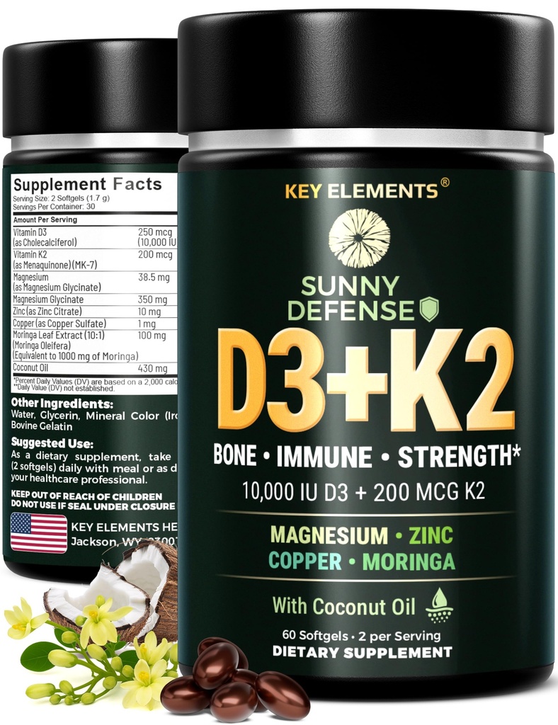 KEY ELEMENTS D3 K2 10,000 ויטמין IU עם Magnesium Glycinate 350 מ"ג, Zinc ו Moringa - Bone & Immune Support - ויטמין D עם K2 MK-7 200mcg - non-GMO, Gluten-Free Softgels ללא גלוטן