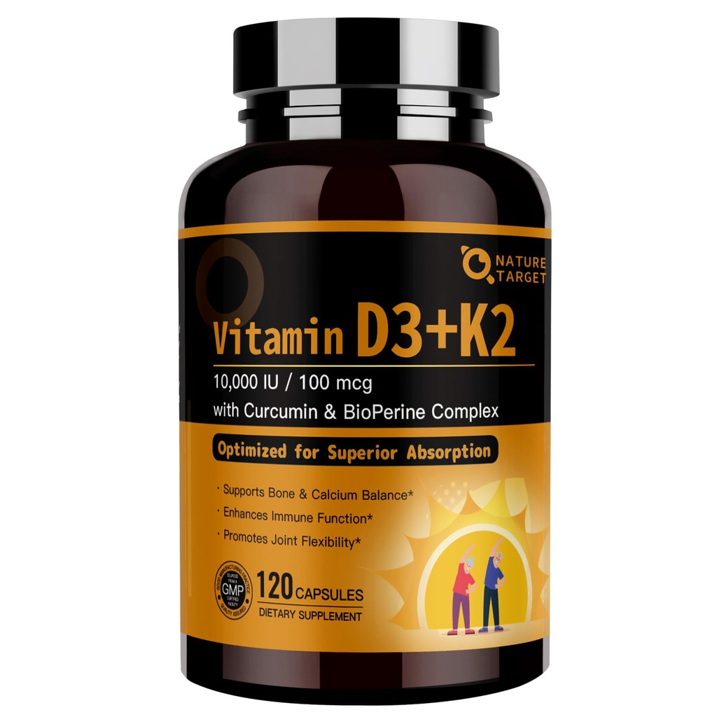 NATURE TARGET ויטמין D3 K2, High-Potency 10,000 IU D3, 100 mcg K2(MK-7) תוסף עם MCT, רוב ה-Synergy פורמולה, תומך העצם, Calcium & Immune בריאות, 120 קפסולות