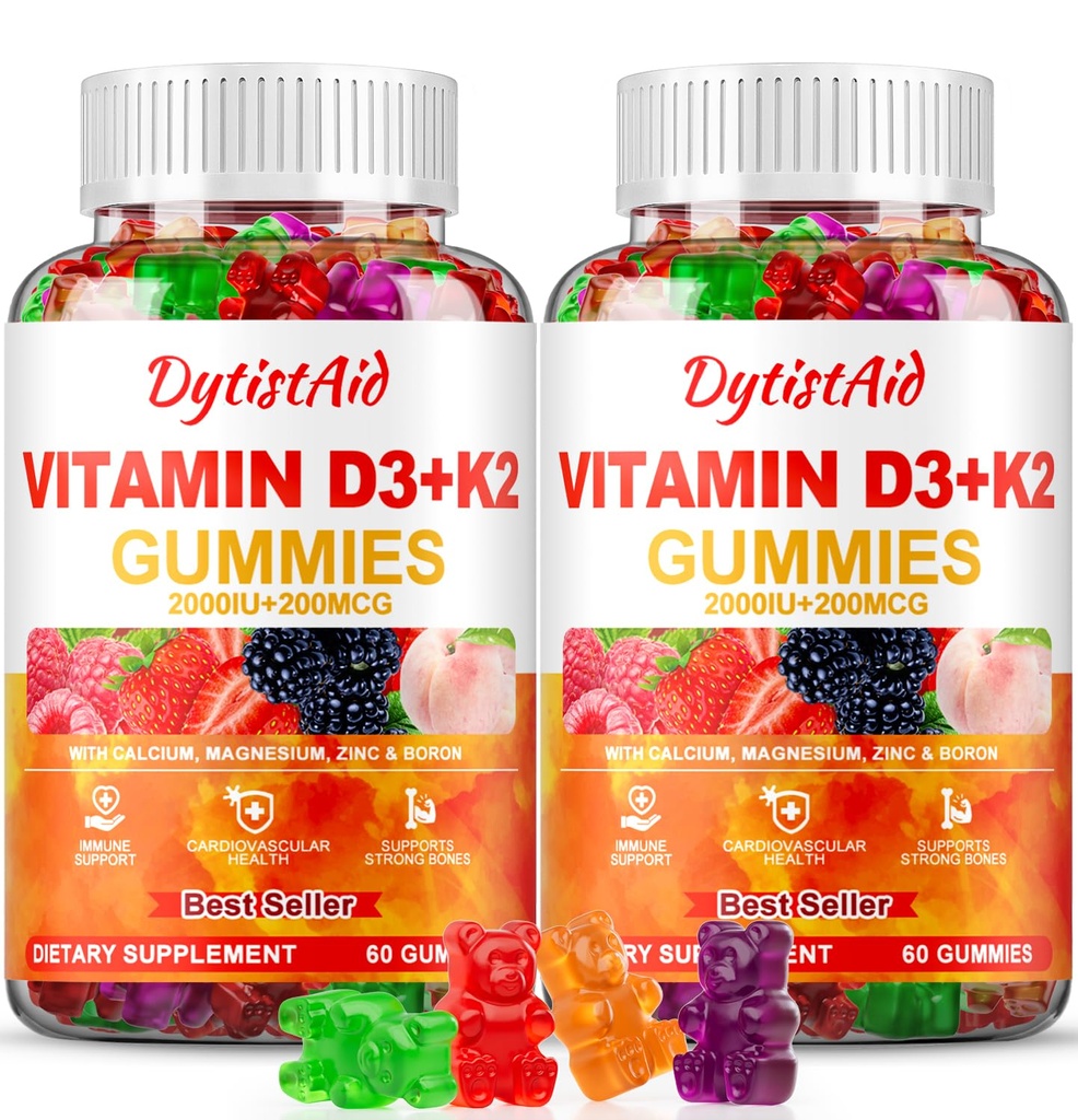 ויטמין D3 + K2 Gummies 2000 IU עם Calcium + K2 (MK-7), Magnesium Citrate, ויטמין C, Zinc & Boron - Bone, Heart & Immune Support - טבעוני, non-GMO, Gelatin-Free, Sugar-Free תוסף, 120 חניכיים