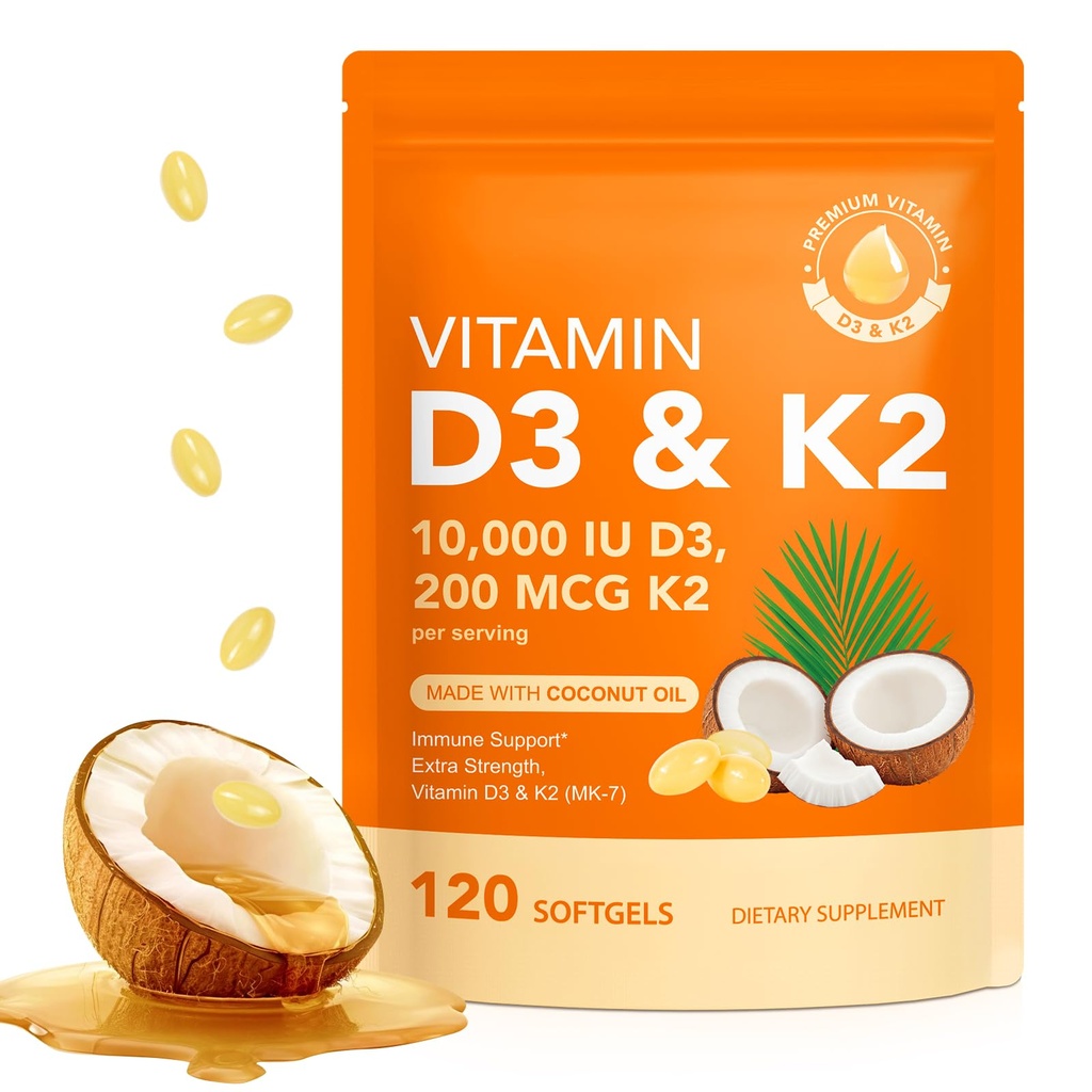 ויטמין D3 K2 10000 IU עם 200 מ"ג, ויטמין D3 ו K2 קפסולות, 2 ב 1 ויטמין D & K Complex עם שמן קוקוס הבתולה, 120 Softgels, Easy to Swallow & Non-GMO