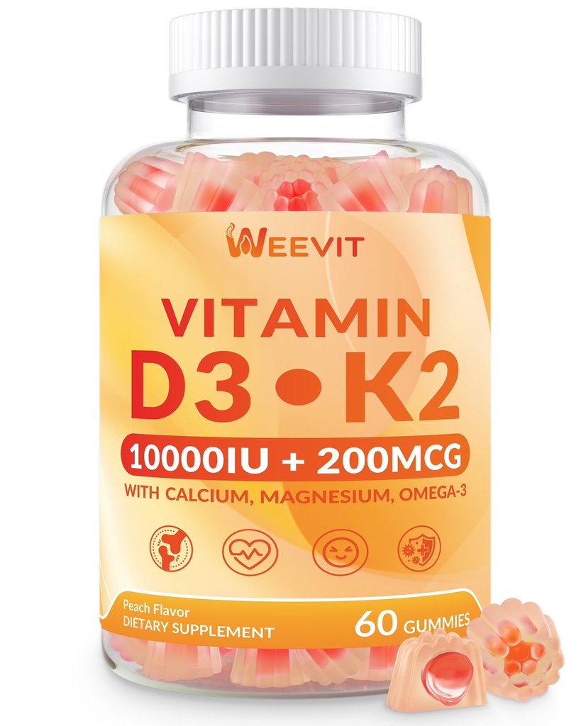 WeEVIT ויטמין D3 K2 Gummies, סוכר חינם ויטמין D3 K2 w/caium, Magnesium, אומגה 3, ויטמין C, B12, K2 D3