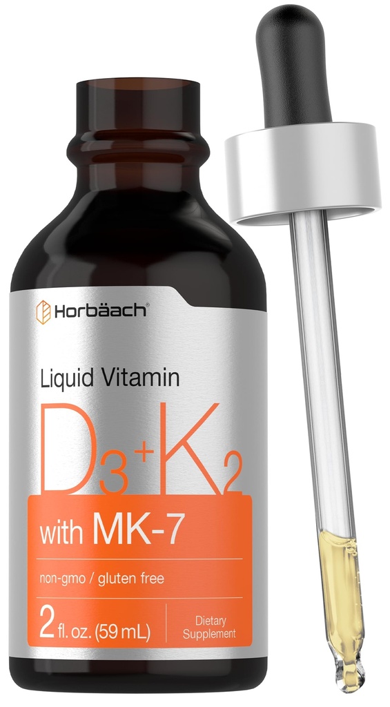 Horbäach ויטמין D3 K2 נוזל טיפות | עם MK7 | 2 Fl Oz | Vegetarian, non-GMO, Gluten Free Supplement