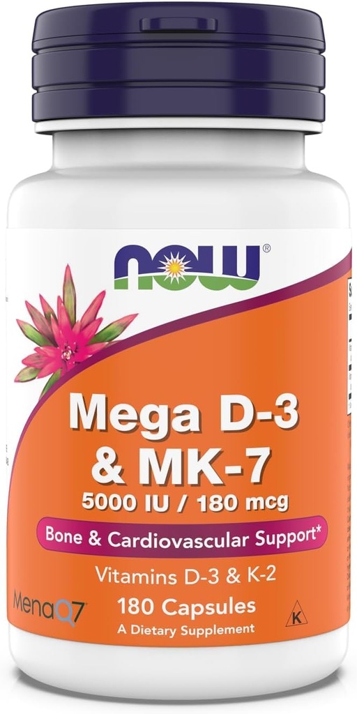 עכשיו תוספים, Mega D-3 & MK-7, 5000 IU / 180 mcg, Bone & Cardiovascular Support *, ויטמינים K-3 & K-2, 180 קפסולות