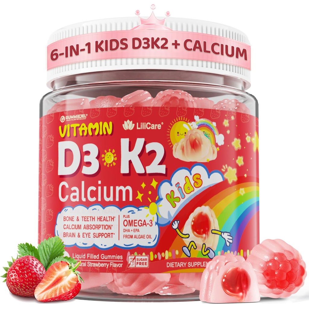 ויטמין D3 K2 + Calcium מלאים מסטיקנים לילדים ובני נוער, 1000IU / 2000IU D3 עם Magnesium, Algal אומגה 3, ילדים ויטמינים עבור עצמות ושיניים, Calcium Absorption, Brain, Immune, סוכר ללא תשלום, 60Ctss