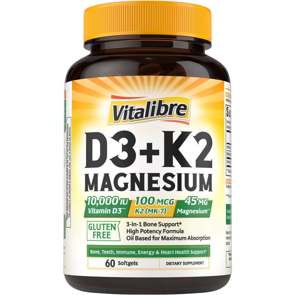 Vitalibre ויטמין D3 K2 + Magnesium תוסף, 10000 IU ויטמין D3 & 100 mcg K2, עם Magnesium Glycinate, Bone, שיניים, Immune & אנרגיה תמיכה, High Absorption, non-GMO, Easy to Swallow, 60 Softgelssss Softgels glycinate, העצמות, Immune & Energy Support, High Absorption, High Absorption, non-GMO גבוהה, non-GMO, Easy to Swallow.