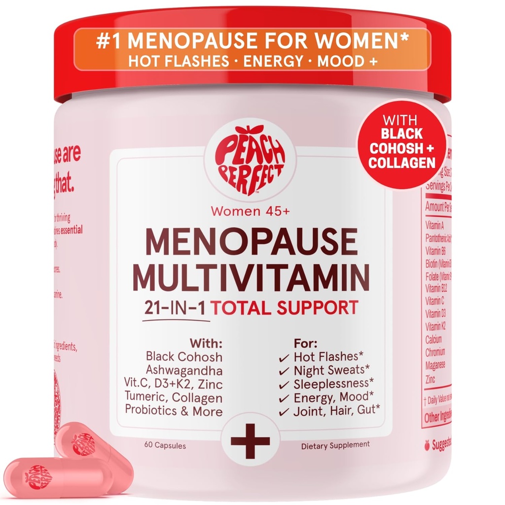 Peach Perfect Menopause Multivitamin | 21 ויטמינים לנשים 45+ | Black Cohosh, Ashwagandha, ויטמין D3+K2, Probiotics & Collagen | תמיכה בפלאשים חמים, Mood Swings, Joint & Skin בריאות | 30 SVGGGG