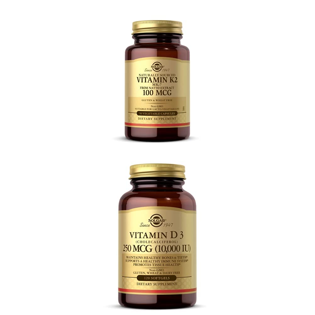 Solgar ויטמין K2 (MK-7) 100mcg, 50 קפסולות ירקות - תומך ויטמין בריאות העצם D3 (Cholecalciferol) 250G (10,000 IU), 120 Softgels - תמיכה במערכת החיסון