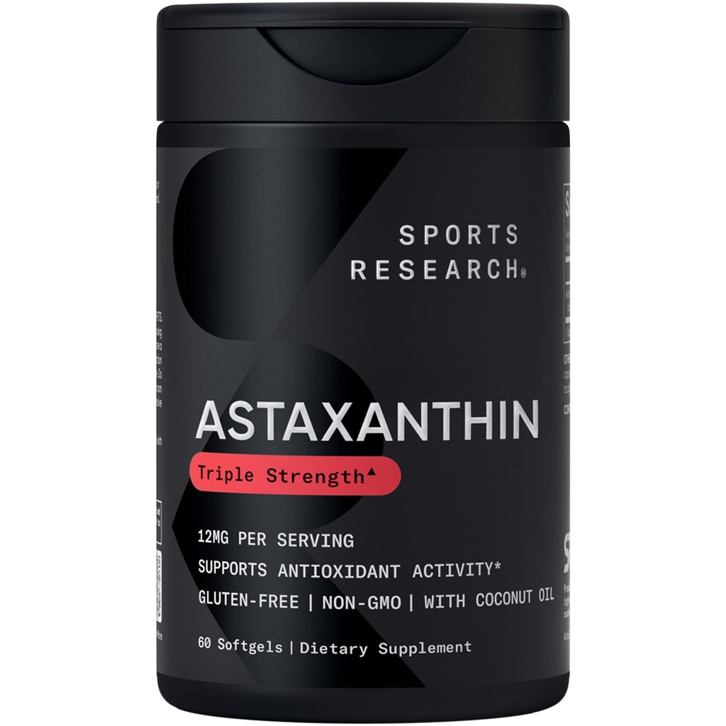 מחקר ספורט ® Triple Power Astaxanthin 12mg w / Organic קוקוס שמן - תוספת Antioxidant עבור Skin & Eye בריאות תמיכה * Soy Free - non-GMO - Gluten Free - 60 Softgels