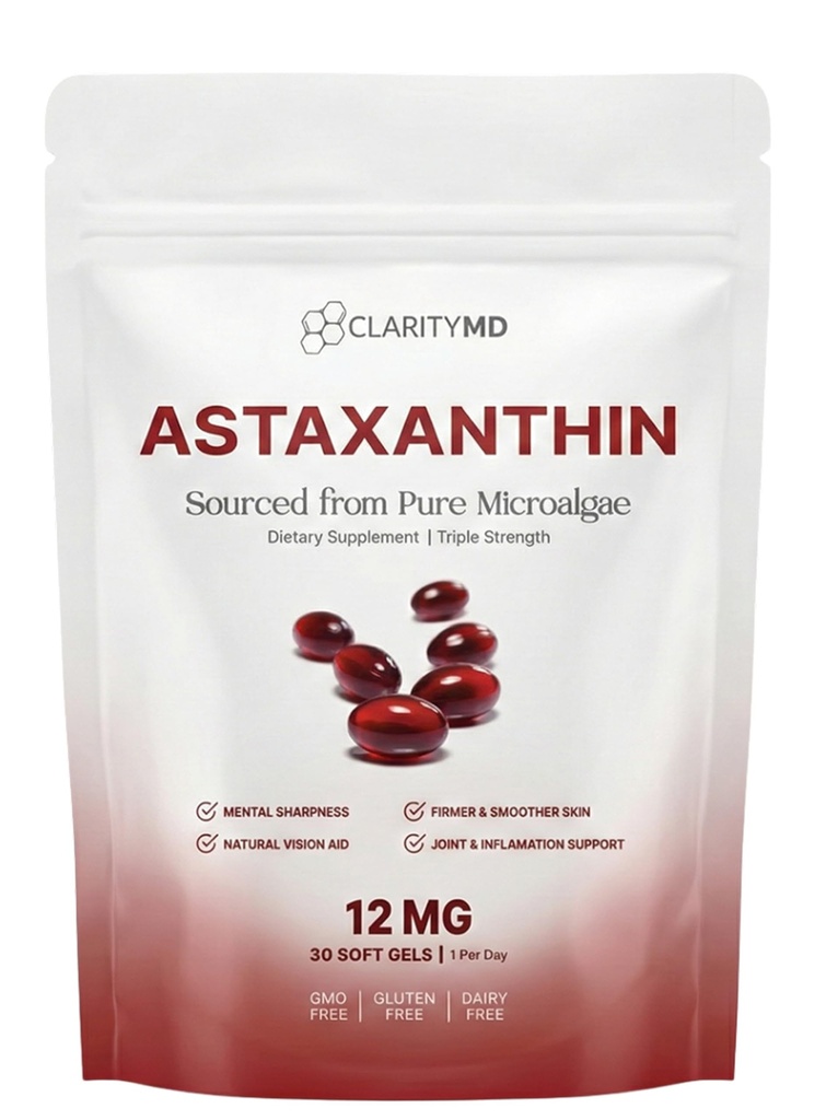 Astaxanthin 12mg Antioxidants תוסף - Natural Microalgae Source - Lipid- Based Softgel for Enhanced Absorption - קוגניטיבי, חזון ותמיכה משותפת - 30 Softgels (Pack of 1)