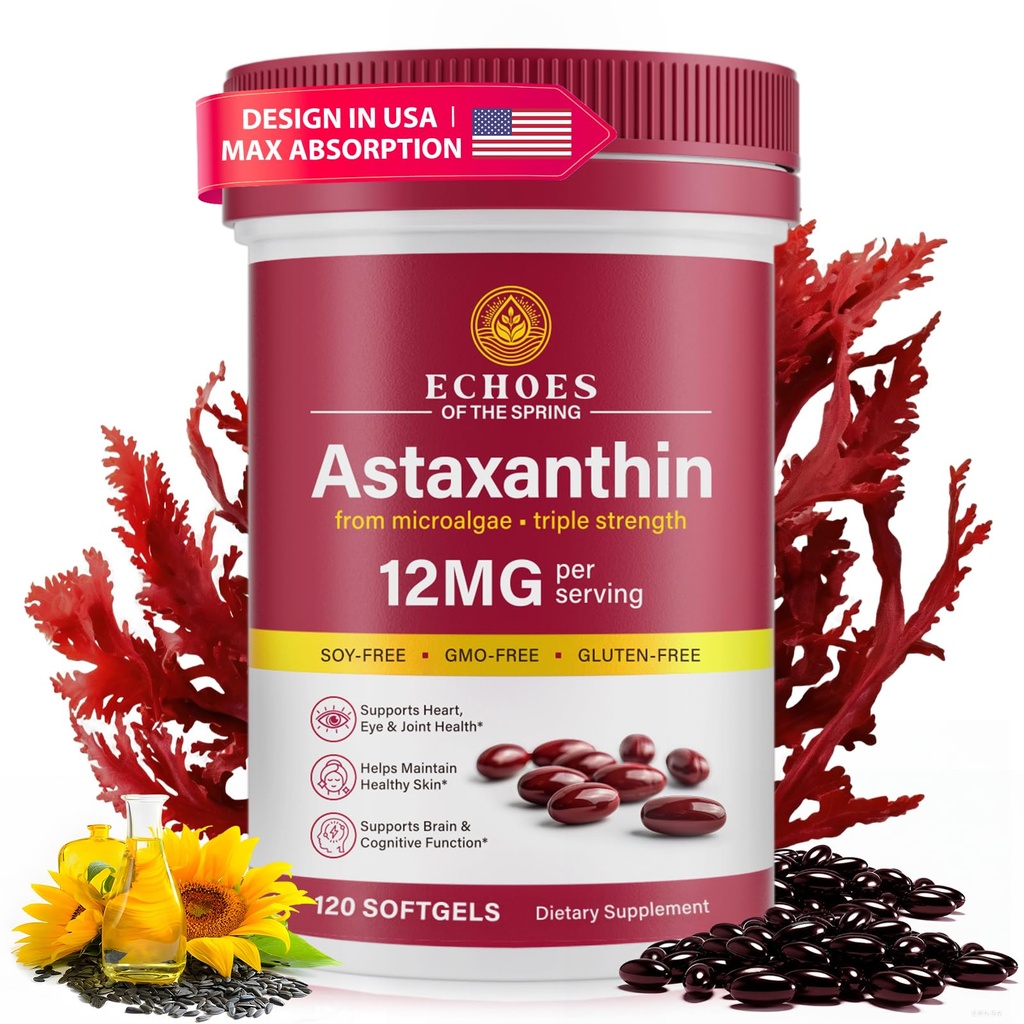 Astaxanthin 12 מ"ג - Natural Astaxanthin מה Haematococcus Pluvialis, תוספת משולשת ל- Eye, Skin, Joint & Immune Support (120 Count (Pack of 1))