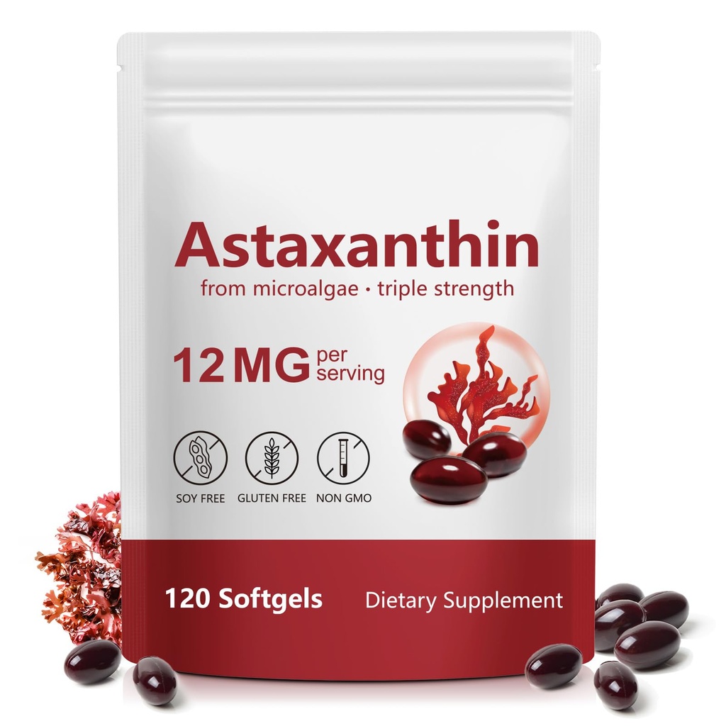 Premium Astaxanthin 12 מ"ג, 120 Softgels | Natural Antioxidant Supplement for Eye, Joint, Skin Health,Microalgae Source