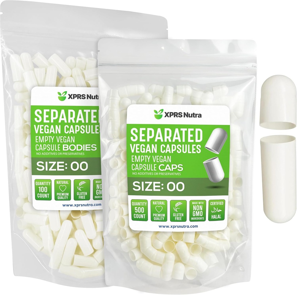 XPRS Nutra Vegan Size 00 בנפרד קפסולות - 100 Count Premium ריקה קפסולות נפרדות ב Bags - 00 Pills ריקה עבור תוסף DIY (לבן)