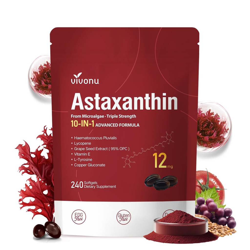 10 ב 1 Astaxanthin 12 מ"ג תוספי מזון, 4 חודשים אספקה, Astaxantina Antioxidant from Fresh Haematococcus Pluvialis, מכיל Lycopene, Grape Seed, ויטמין E, ועוד תמיכה העין, מפרקים, בריאות העור