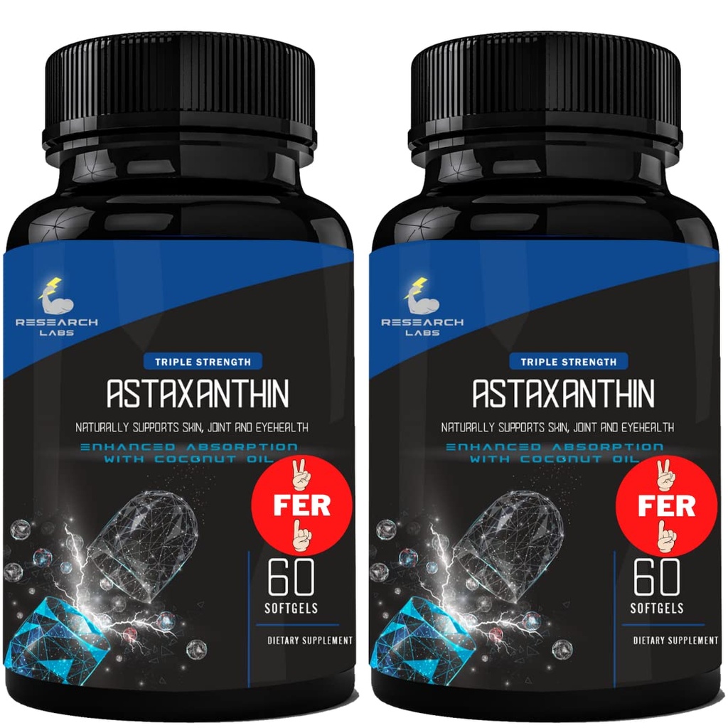 מחקר מעבדות משולש כוח טבעי Astaxanthin 12mg Softgels + תוספת שמן קוקוס אורגני בקבוק עבור הגדלת Absorption Powerful Antioxidant תומך העין Joint & Heart בריאות 120 Total Softgels